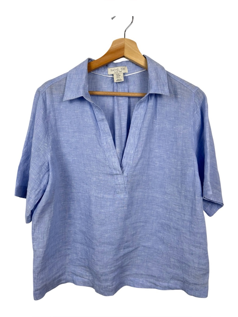 RACHEL ZOE 100% Linen Short Sleeve Collar Popover Blouse, Blue, Size Medium